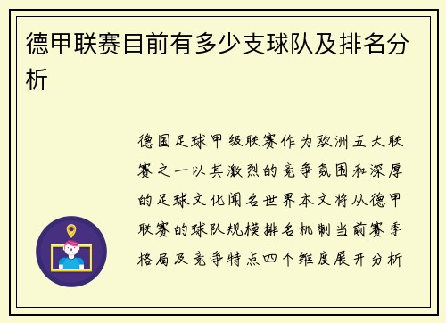 德甲联赛目前有多少支球队及排名分析