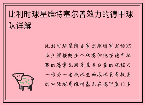 比利时球星维特塞尔曾效力的德甲球队详解